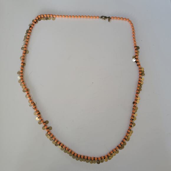 Peach Beaded Necklace with Brass Coin Charms Retro Boho Statement Style Jewelry - Picture 3 of 10
